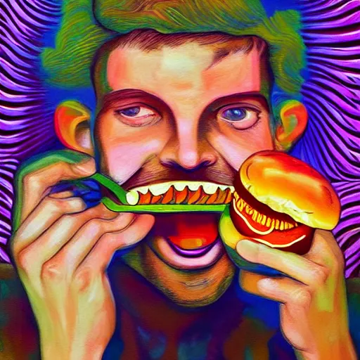 Prompt: psychedelic painting of a man eating a hamburger