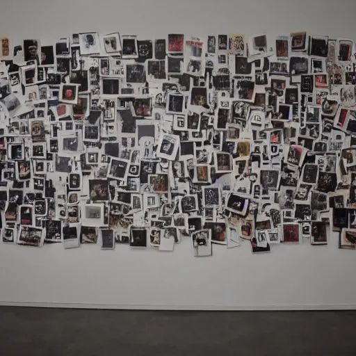 Image similar to art installation in modern gallery, thousands of polaroids on walls of imagined dreams