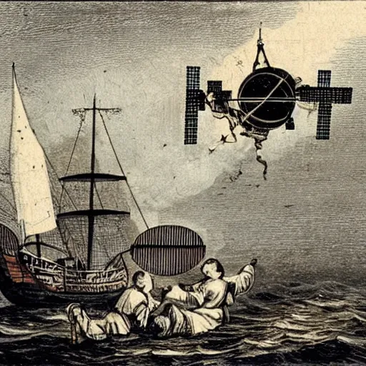 Image similar to 17th century puritans floating in International Space Station