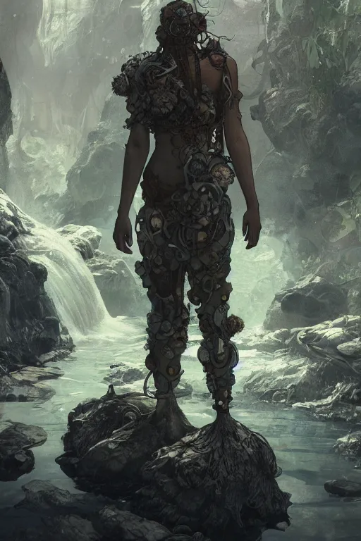 Prompt: a full body portrait of a beautiful post apocalyptic offworld nordic biofarmer swimming by the waterfalls, intricate, elegant, highly detailed, digital painting, artstation, concept art, smooth, sharp focus, illustration, art by krenz cushart and artem demura and alphonse mucha