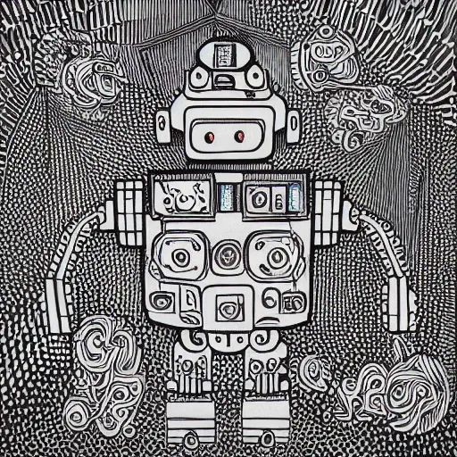 Prompt: “geometrically incomprehensible surreal order of robot world, extremely high detail, photorealistic, intricate line drawings, dotart, album art in the style of James Jean”