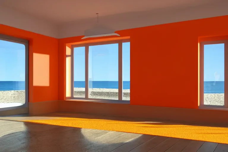 Image similar to a room with orange walls white floor contrabas, a big window with a view of the beach and sea, beautiful cinematic masterpiece very detailed