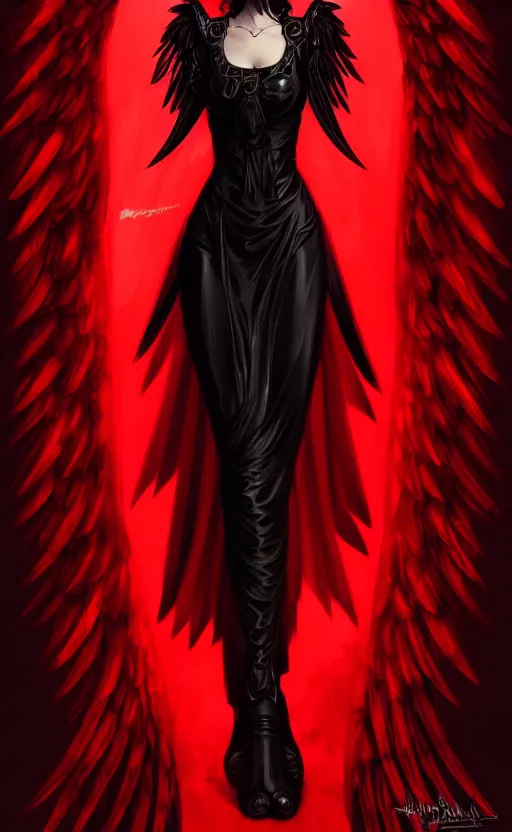 Image similar to Female dark angel in gothic red and black dress, their black wings are extended, highly detailed, digital painting, artstation, concept art, smooth, sharp focus, illustration, art by artgerm and greg rutkowski and alphonse mucha