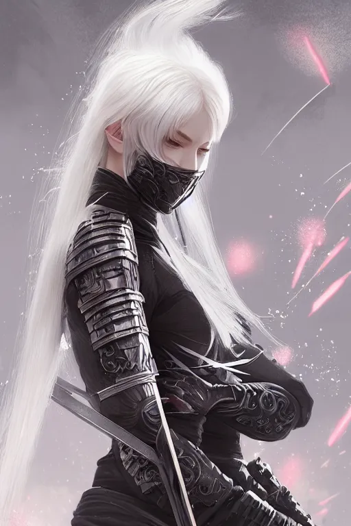 Prompt: portrait Ninja gaiden white hair girl, armored ninja wardrobe, in ruin japanese rainny temple night, ssci-fi and fantasy, intricate and very very beautiful and elegant, highly detailed, digital painting, artstation, concept art, smooth and sharp focus, illustration, art by tian zi and WLOP and alphonse mucha