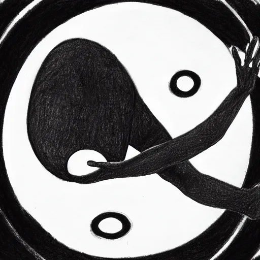 Prompt: a drawing of a pregnant woman giving birth to emerging yin - yang daoist symbol emerging from womb, black and white detailed pencil drawing dao