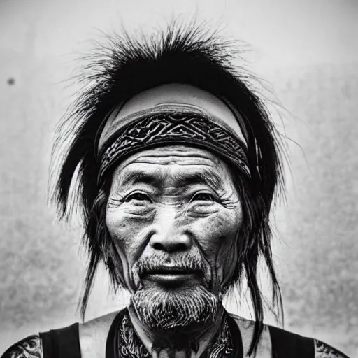 Image similar to black and white old photo of a hippie Chinese man, portrait, high detail, earrings, tattoos