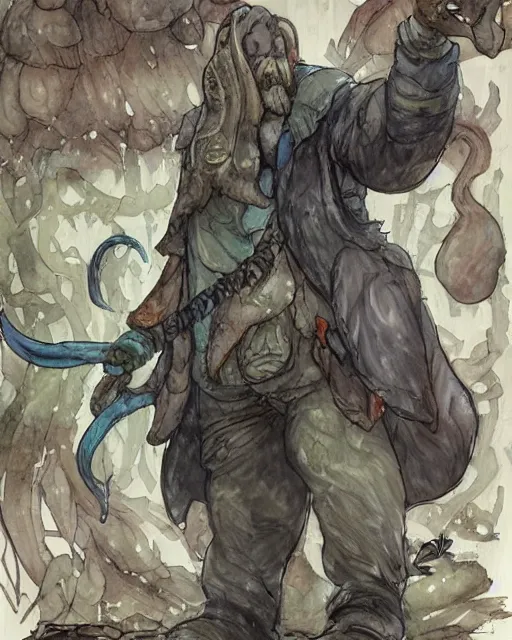 Prompt: Loxodon Druid covered in mushrooms, drawn by Yoji Shinkawa, water color, Dungeons and Dragons, Wizards of the Coast, full shot