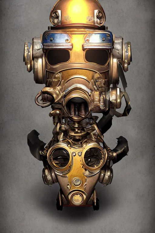 Image similar to steampunk mask minimalist fantasy art robot ninja helmet, global illumination ray tracing hdr fanart arstation by sung choi and eric pfeiffer and gabriel garza and casper konefal radiating a glowing aura