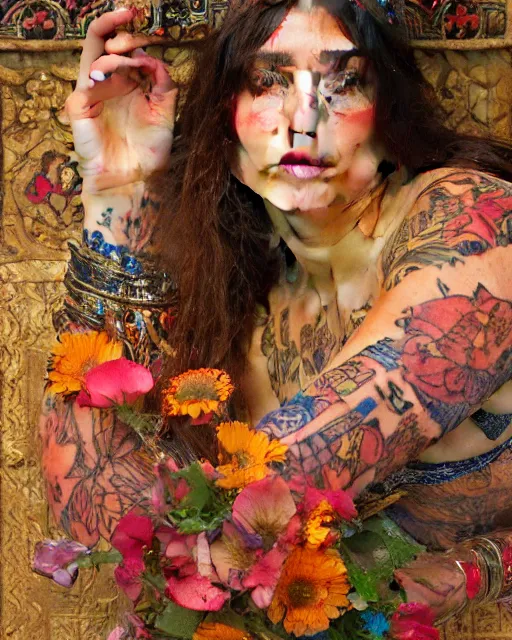 Prompt: close up of a beautiful girl with colourful tattoos surrounded by colourful flowers orientalist intricate portrait by john william waterhouse and edwin longsden long and theodore ralli and nasreddine dinet, oil on canvas. cinematic, hyper realism, dramatic lighting, high detail 8 k