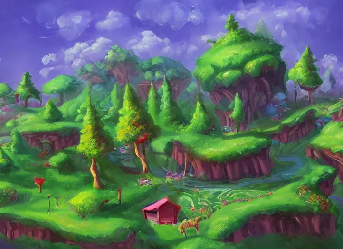 Image similar to enviroment design for a biome for candy kids game, top angle, trees candy themed, oil painting by jama jurabaev, extremely detailed, brush hard, artstation, for aaa game, high quality, brush stroke