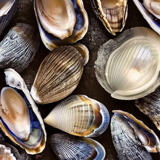 Image similar to bivalve, sea shell, mystery of the deep, quahogs. greg rutkowski, gustavo dore, national geographic, spiral, mollusc.