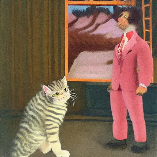 Prompt: absolutely yoked shredded physique fuzzy furry ears Portrait of Lou Ferrigno camouflaged as Tabby Cat whilst wearing a pink tuxedo Standing atop a Garbage Truck Eric Ravilious Edward Hopper Newell Convers Wyeth Andrew Wyeth Jamie Wyeth