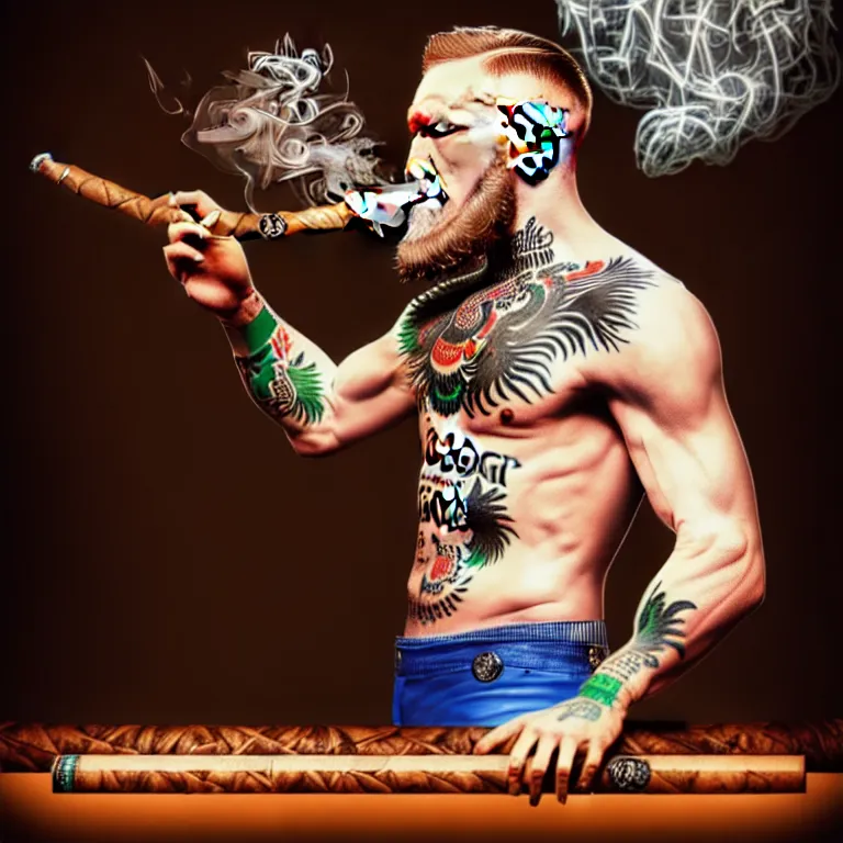 Image similar to a intricately detailed portrait of conor mcgregor smoking a lit cigar in an irish pub with a neon bar, smoke rising like clouds, balanced, trending on art station, volumetric lighting & shadows, hyper detailed, digital art, unreal engine, 4 0 0 mm f 1. 8,