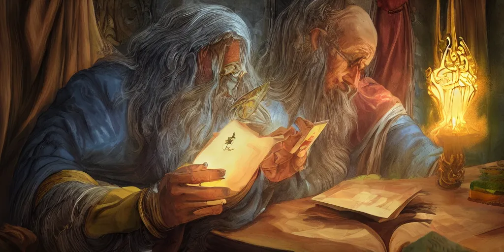 Prompt: wizard doing a tarot reading, cards, fantasy, digital art, soft lighting, 4 k, trending on artlist, medium close up