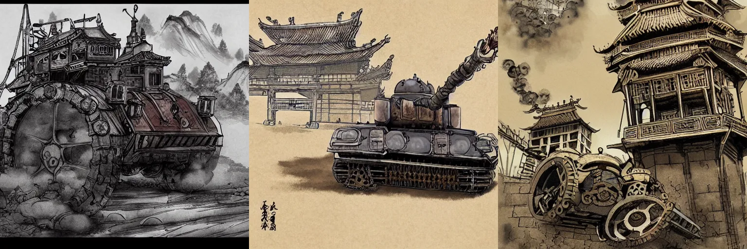 Prompt: Steampunk tank drives through medieval city, traditional Chinese ink painting style, highly detailed, artstation