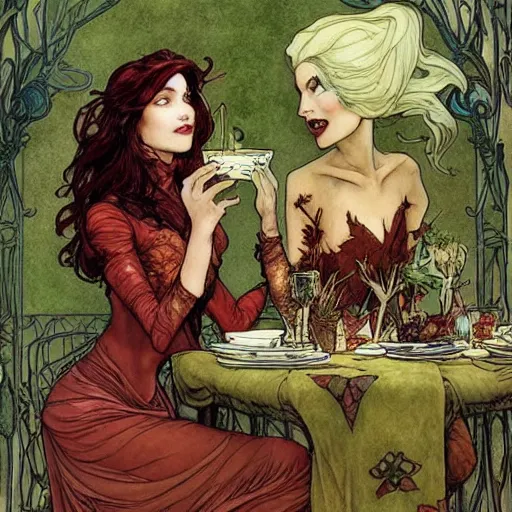 Prompt: a beautiful picture of doctor poison ivy professor of botany and doctor liliana vess professor of demonology having lunch, academic clothing, dark eyeliner, intricate, elegant, highly detailed, digital painting, artstation, concept art, matte, sharp focus, illustration, art by rebecca guay and by arthur rackham and by alphonse mucha and by john william waterhouse