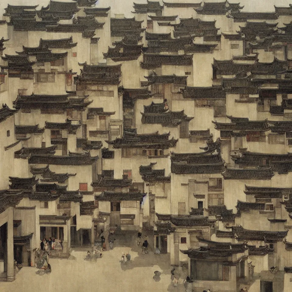 Image similar to a painting of hongcun ancient village houses by edward hopper and james jean