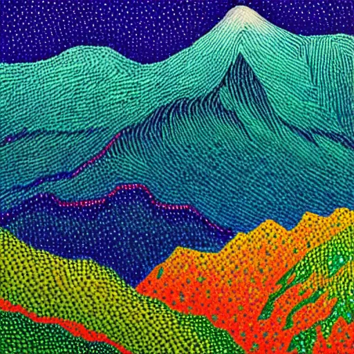 Image similar to A beautiful Mountain Range in the Style of Pointilism, masterpiece, oil painting scan 4k