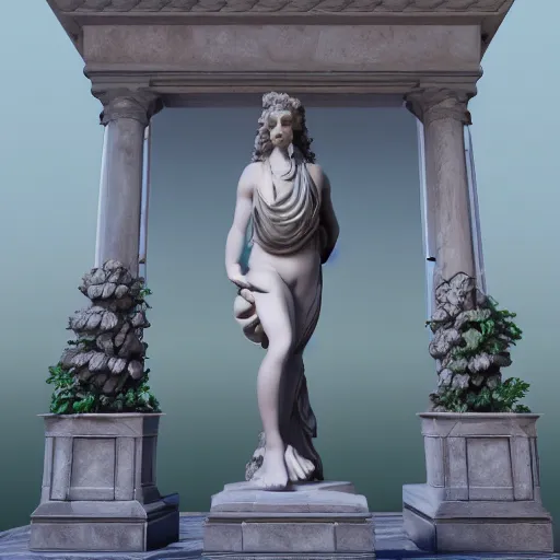 Image similar to baroque vaporwave statue, high detail, rendered in unreal engine, 3d render, god rays, volumetric lighting, award winning, photorealistic, vegetation