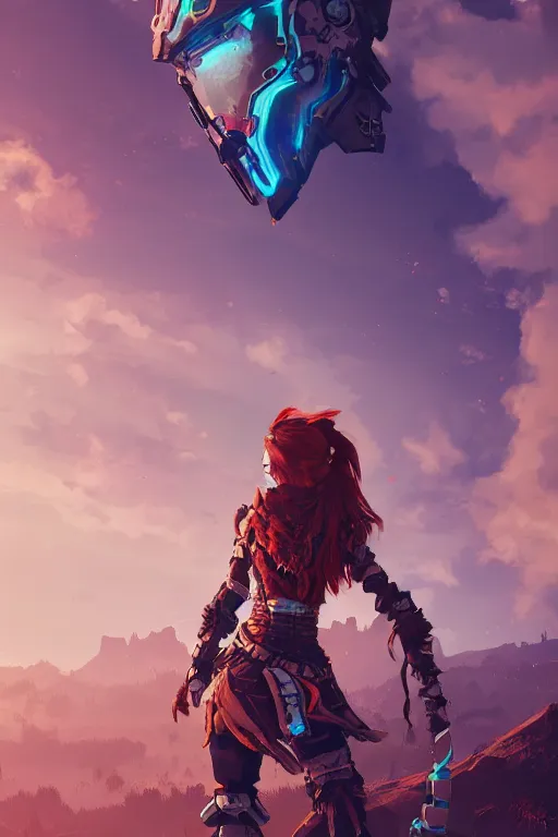 Image similar to combination suit armor aloy horizon forbidden west horizon zero dawn radiating a glowing aura global illumination ray tracing hdr fanart arstation by ian pesty and alena aenami artworks in 4 k tribal robot ninja mask helmet backpack