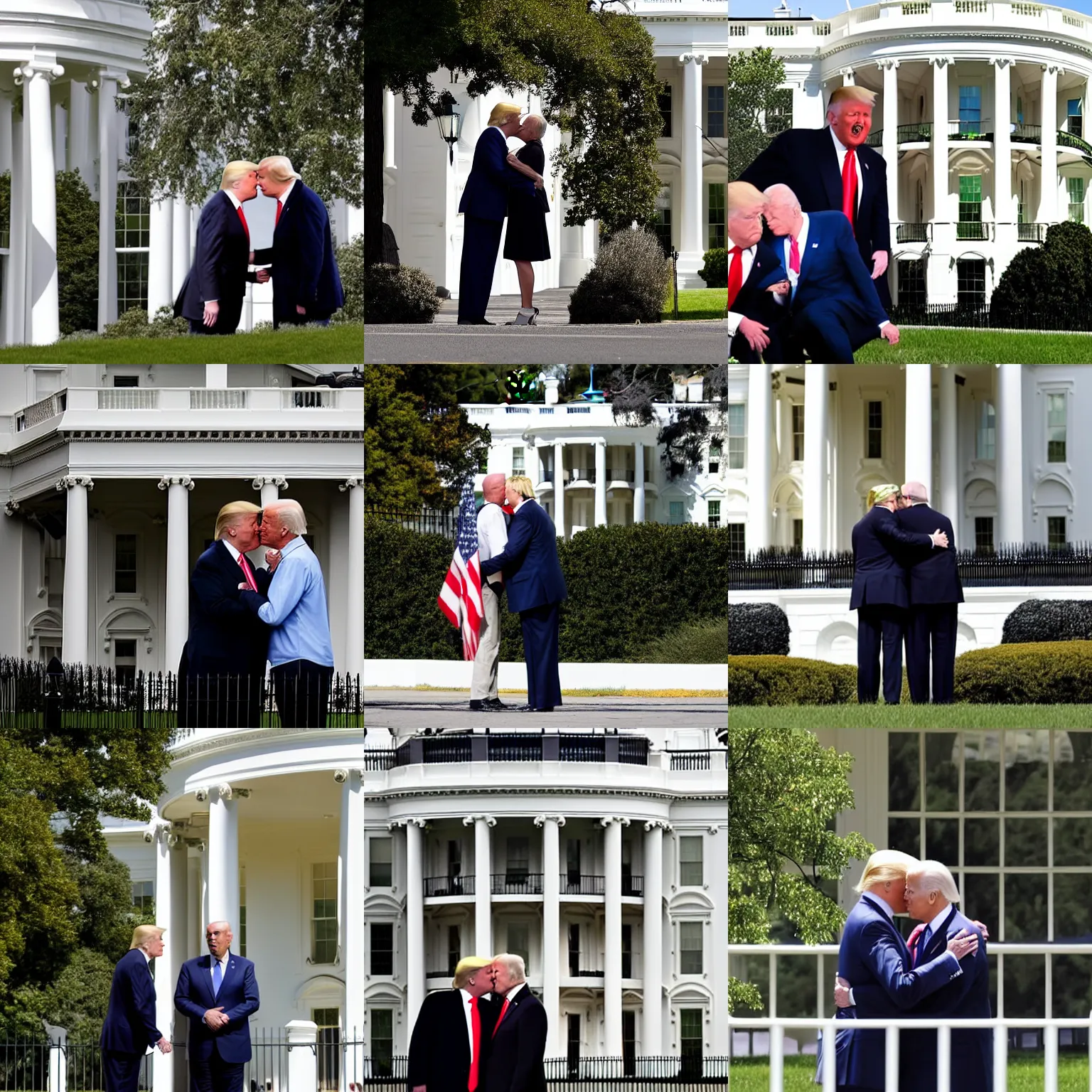 Prompt: Donald Trump and Joe Biden kissing in front of the white house