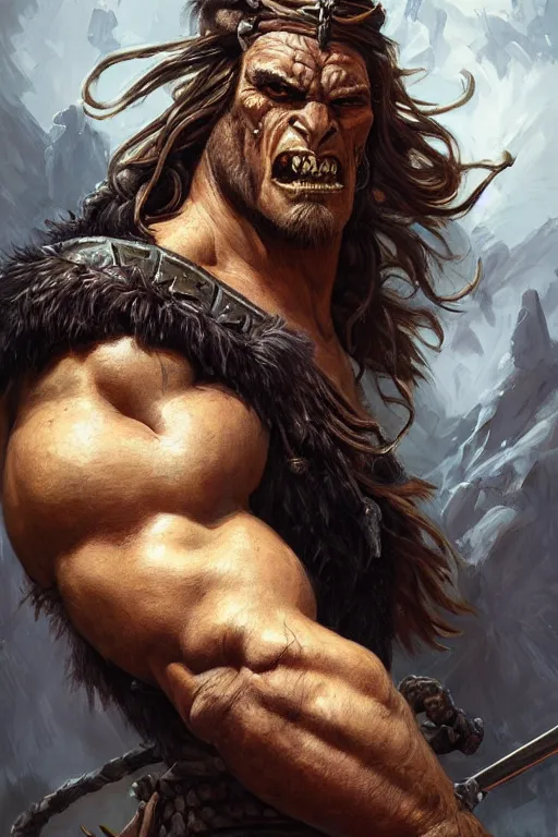 Image similar to portrait of a hulking herculean orc demon barbarian pirate, male, masculine, upper body, belt of skulls, fantasy, frown,, intricate, elegant, highly detailed, digital painting, artstation, concept art, sharp focus, illustration, art by artgerm and greg rutkowski and alphonse mucha