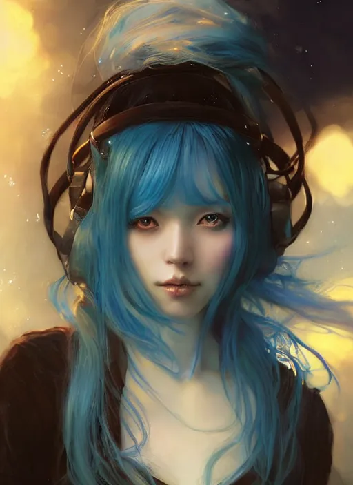 Image similar to stunningly beautiful female blue hair, dj sura face, fantasy art, dark light night, sharp focus, digital painting, 8 k, concept art, art by wlop, artgerm, greg rutkowski and alphonse mucha