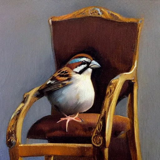 Image similar to an oil painting of a sparrow perched on a chair, highly detailed, oleo, artstation, sharp focus, by diego velazquez