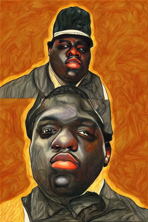Image similar to a gorgeous portrait of biggie smalls in style of egon schiele, masterpiece, hyperdetailed, complex, intricate, 4 k, trending on artstation