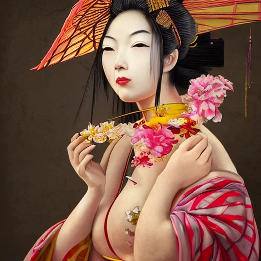 Image similar to Very very very very highly detailed epic central composition studio photography of A Japanese geisha in a colorful bikini, intricate, medieval, extremely detailed, digital painting, artstation, concept art, smooth, sharp focus, illustration, studio lighting, incredible art by Anna Dittmann and Anton Pieck