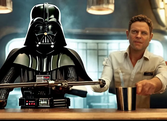 Image similar to film still of Darth Vader working as a bartender in the new Star Wars movie, 4k