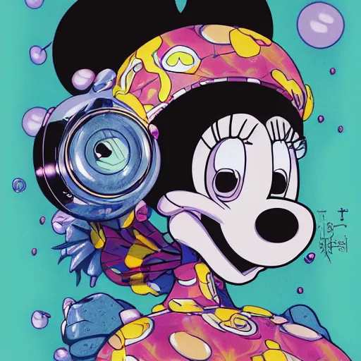 Image similar to anime manga skull portrait girl face mickey mouse marge simpson detailed highres 4k by trevor brown and James Jean and will cotton pop art nouveau