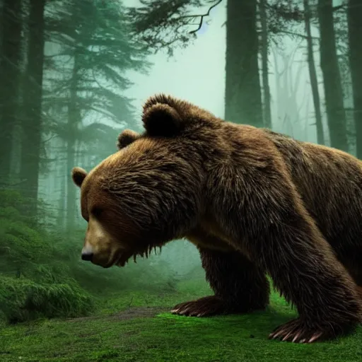 Image similar to a giant bear-shaped lovecraftian monster running quickly through a woodland, scary bear monster, 4 arms, magical forest, fantasy, Ireland, England, king Arthur, Lord of the rings, cinematic, realistic style, beautiful, majestic, dramatic lighting, early morning, dawn CGsociety, realistic, hyper maximalist, golden ratio, octane render, rule of thirds, wide shot , 8k resolution, epic volumetric light, cinematography, concept art, Artstation trending, environments, fantasy