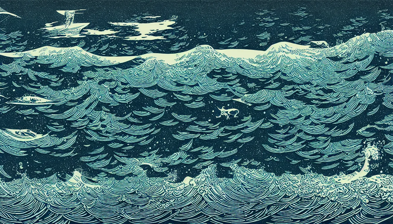 Image similar to open sea by woodblock print, nicolas delort, moebius, victo ngai, josan gonzalez, kilian eng