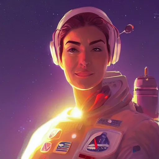 Prompt: female astronaut portrait, maya ali mage, gloomhaven, dynamic lighting, gaudy colors, octane render aesthetic, matte painting concept art, official fanart behance hd artstation by jesper ejsing, by rhads and makoto shinkai and lois van baarle and ilya kuvshinov and rossdraws