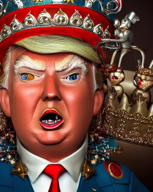 Image similar to highly detailed closeup, face profile portrait of a tin toy donald trump as a fairytale king hemry the eighth wearing a crown and eating cakes, depth of field, nicoletta ceccoli, mark ryden, lostfish, max fleischer, breathtaking, detailed and intricate environment, 8 k resolution, hyperrealistic, octane render