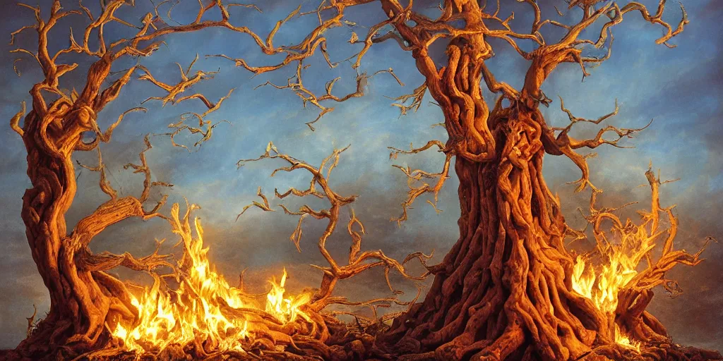 Image similar to tree of good and evil burning in agony Michael Whelan by Jeff Easley photorealistic by Edmonia Lewis, cinematic, coherent, realistic faces, clear, detailed, intricate, dramatic lighting, establishing shot, 8k resolution