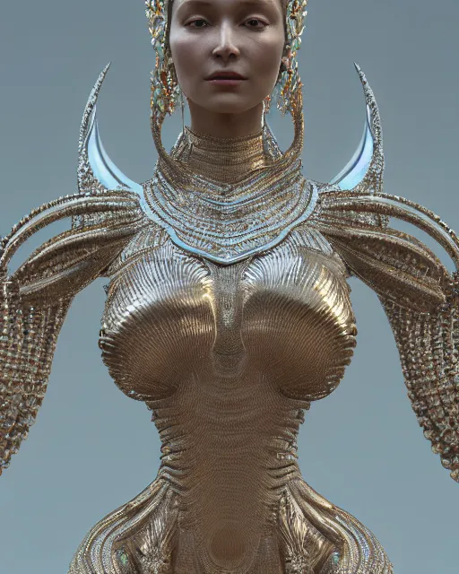 Image similar to a highly detailed metahuman 4 k close up render of an alien goddess bella hadid monument indian sculpture in iris van herpen dress schiaparelli in diamonds crystals swarovski and jewelry iridescent in style of alphonse mucha gustav klimt trending on artstation made in unreal engine 4