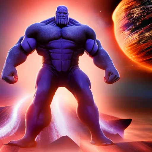 Image similar to thanos but he us as large and round as the planet earth, movie still, cgi render
