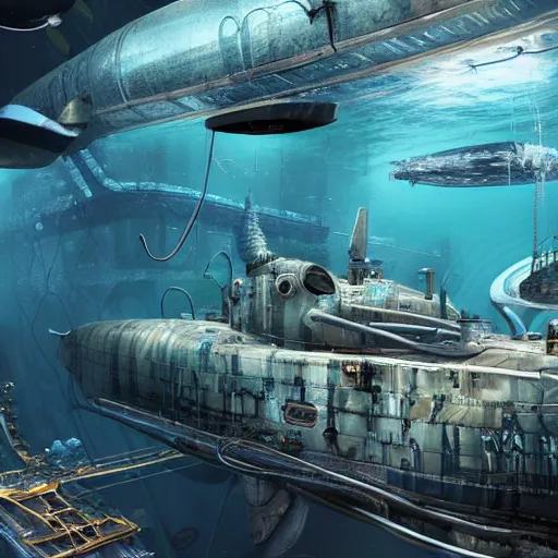 Image similar to A beautiful very hyper realistic detailed matte painting of an underwater scene in very clear water of a very shiny detailed submarine control panel made of motherboards , by Sparth and Jeff Simpson and beeple and Robin Eley famous hyperrealism artists, clearest water in the world, octane render