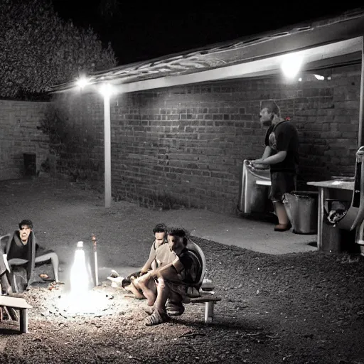 Prompt: It's a deep night, in the yard, in the distance two guys are grilling kebabs and chatting about the meaning of life, in the foreground on the left by the garage wall is a long table and two long benches with six girls and four guys sitting on them, one guy has an acoustic guitar and another guy is vaping, and to the right in the foreground is a vegetable garden, and one guy stepped in the bed by accident, and the other two guys are pulling him out of it, sharp focus, fantasy style, octane render, volumetric lighting, 8k high definition, by greg rutkowski, highly detailed, trending on art Station