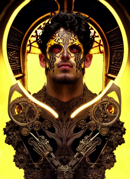 Image similar to portrait of greek god ares, black curly hair, glowing eyes, volumetric lights, face tattoo, yellow red scheme, art nouveau botanicals, gothic, intricate, highly detailed, digital painting, artstation, concept art, smooth, sharp focus, symmetric face, illustration, steampunk, art by artgerm and greg rutkowski and alphonse mucha