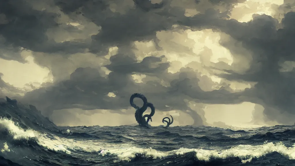 Prompt: A kraken rising out of a stormy sea, concept art, matte painting, 8k, highly detailed, artstation, Winslow Homer