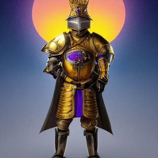 Image similar to a highly detailed knight with glowing purple eyes in a T golden helmet and a golden crown with a blue diamond in the center, golden armor, leather clothes under the armor, leather gloves, holds a black sword, artstation, DeviantArt, professional, octane render, sunset lighting