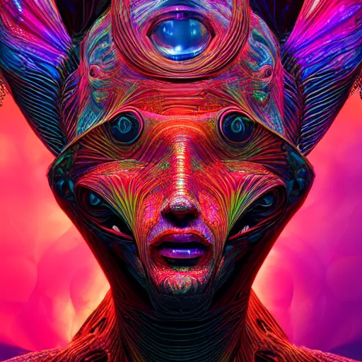 Prompt: Face of a Alien Deity, corals, plume made of geometry, extremly detailed digital painting, sharp focus in the style of android jones, artwork of a futuristic artificial intelligence superstar, mystical colors, rim light, beautiful lighting, 8k, stunning scene, raytracing, octane, under water visual distortion, trending on artstation