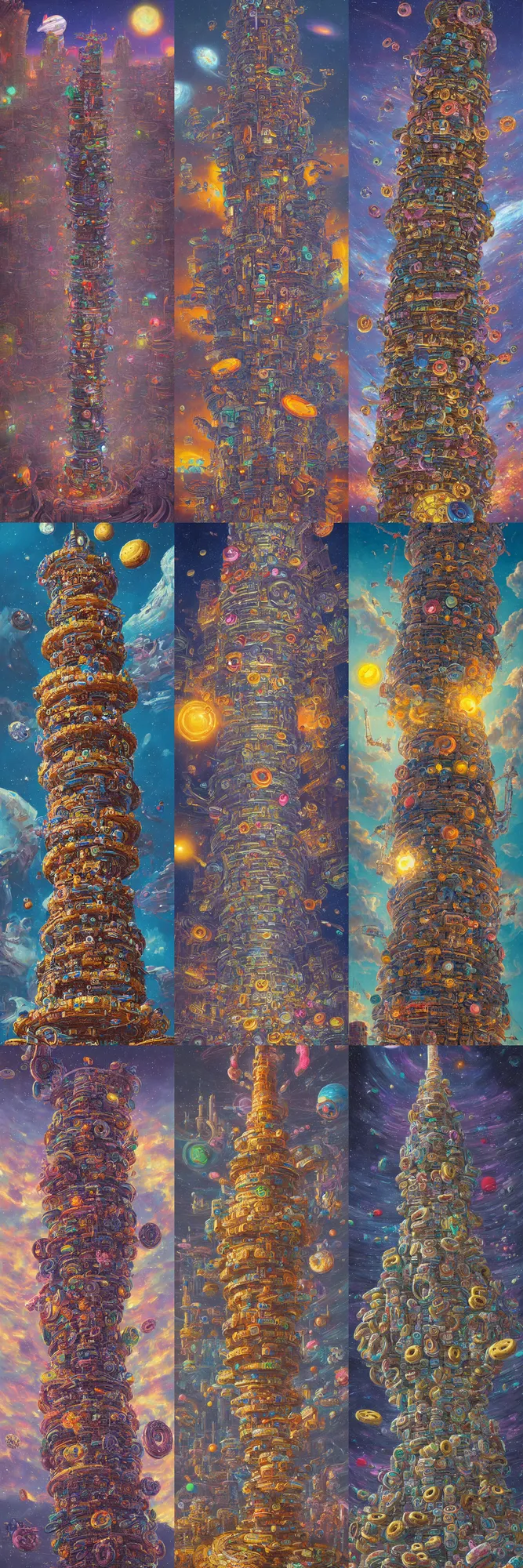 Prompt: a painting of a tower with donuts on it, cyberpunk art by Victor Nizovtsev, behance contest winner, space art, cosmic horror, greeble, dystopian art