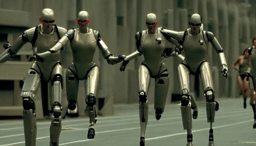 Image similar to The matrix, LeeLoo, Starship Troopers, Clarice Starling, Sprinters in a race with a clear winner, robotic legs, The Olympics footage, intimate shot, cinematic stillframe, shot by Roger Deakins, The fifth element, vintage robotics, formula 1, starring Geena Davis, sports photography, clean lighting