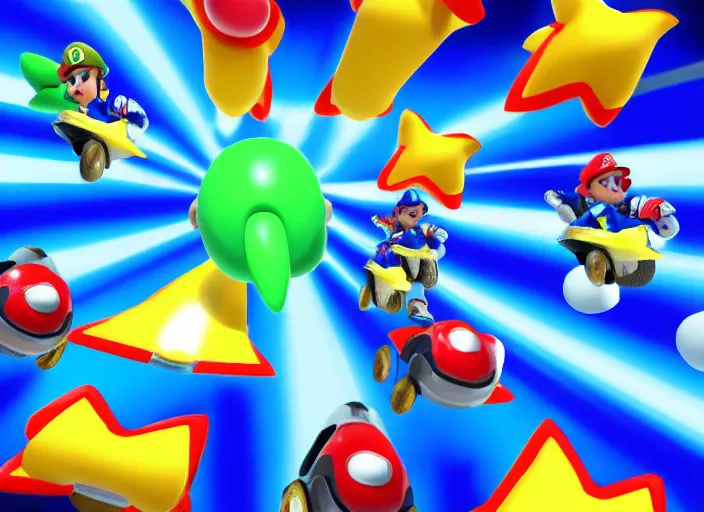 Image similar to portrait of mario kart blue shell flying through the air followed by other mario kart turtle shells