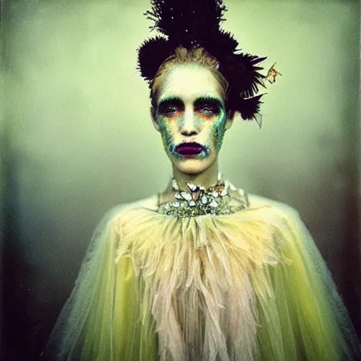 Prompt: kodak portra 4 0 0, wetplate, photo of a surreal artsy dream scene,, weird fashion, in the nature, highly detailed face, very beautiful model, portrait, expressive eyes, close up, extravagant dress, carneval, animal, wtf, photographed by paolo roversi style and julia hetta