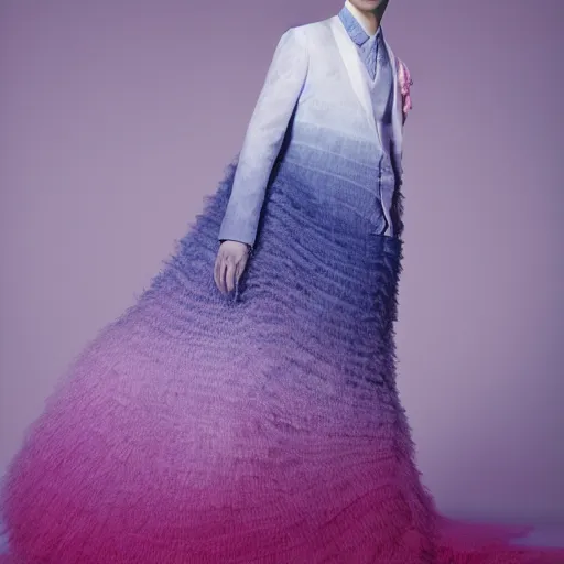 Prompt: a beautiful young japanese male wearing an ombre cotton candy gown designed by alexander mcqueen, photographed by andrew thomas huang for a fashion editorial